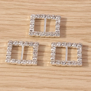 Set of three silver rectangle rhinestone buckles with micro-pave crystals for DIY fashion