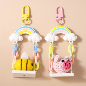 Cartoon Bee Pig Animal Keychain Rainbow Swing Bag Pendant Resin Crochet Piggy Key Ring For Women Kids Fashion Jewelry Gift