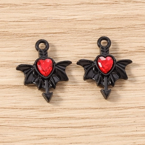 Gothic bat wing heart pendants with red gemstone for DIY jewelry making and crafts
