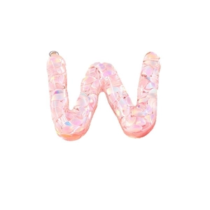 Pink iridescent letter W pendant charm with sparkling scale texture and metal ring