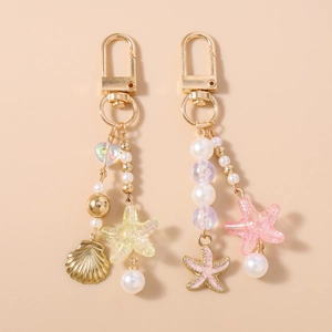 Ocean Theme Shell Starfish Artificial Pearl Beaded Keychain For Women Gold Alloy Bag Pendant Jewelry Charming Accessories Gift