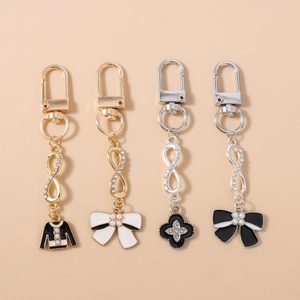 Fashion Zinc Alloy Infinity Symbol Keychain Rhinestone Faux Artificial Pearl Bowknot Clover Jacket Key Ring Pendant For Women Bag Decor