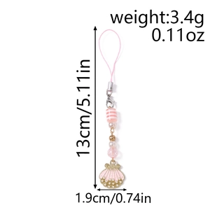 Pink shell pendant phone strap with pearls and stripes charm size and weight details
