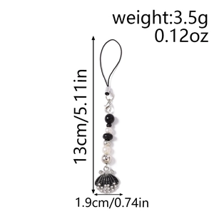 Detail showing beaded phone strap with shell pendant and dimensions of 13cm length