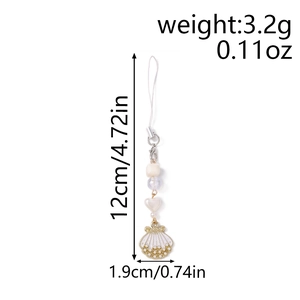 Detail showing shell pendant phone strap with pearls and heart beads, 12cm length