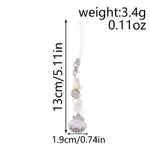 Size dimensions showing 13cm length and 3.4g weight for beaded shell phone charm
