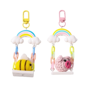 Creative animal keychain set with honeybee and pink pig on rainbow swings for bag decor