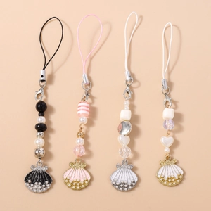 Fashion Shell Artificial Pearl Beaded Mobile Phone Strap For Women Alloy Enamel Heart Striped Bead Bag Charm Keychain Jewelry Gift
