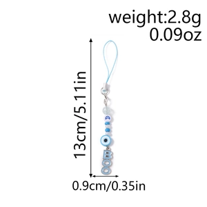 Detailed view of evil eye phone charm with blue letter beads and size dimensions