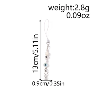 Detailed view of handmade Evil Eye phone charm with BOO letters, length 13cm and weight 2.8g