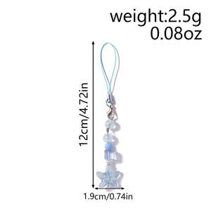 Detailed view of blue starfish charm phone strap with beads and dimensions listed