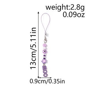 Detail view of purple Evil Eye beaded phone strap with size and weight measurements
