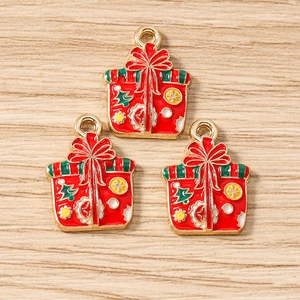 Détails de breloques boîte cadeau de Noël en émail rouge avec bordures dorées