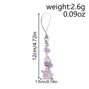 Detail showing dimensions of purple star beaded phone strap with metal lobster clasp