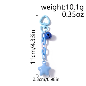Blue star and heart bell keychain with size dimensions and weight details on white background