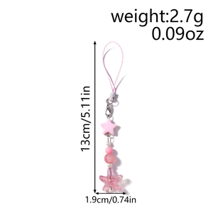 Detailed view of pink star and starfish beaded phone charm with size dimensions