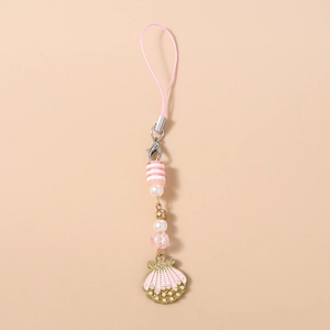 Detail of pink striped beads and pearlescent shell charm on a stylish phone lanyard strap