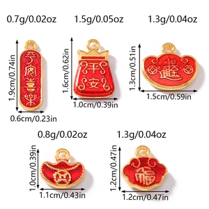 Detailed view of red enamel Chinese lucky charms with dimensions and weight specs
