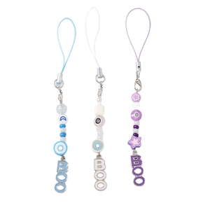 Beaded Evil Eye phone charms set with star beads and BOO letter pendants in blue and purple
