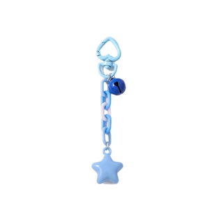 Blue star keychain with heart clasp, plastic chain and bell pendant for bag decor