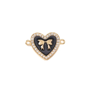 Goldener Herzanhänger mit schwarzer Emaille, Schleife und Strass für DIY-Schmuckherstellung