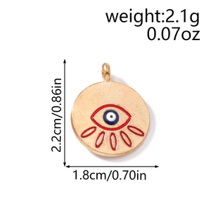 Golden evil eye pendant charm with blue resin eye and dimensions for DIY jewelry making