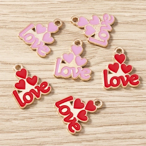 Pink and red enamel heart Love charms for DIY jewelry making in polished gold alloy