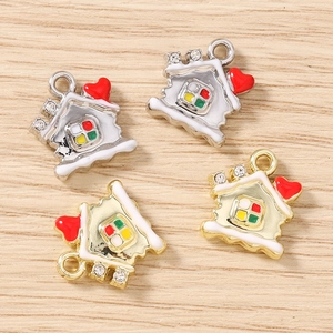 DIY Christmas house pendant charms with colorful enamel windows and red heart details