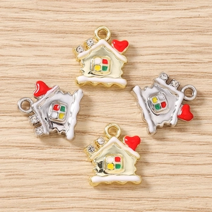 Christmas house charms with colorful enamel snow and rhinestones in gold and silver finish