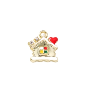 Golden Christmas house charm with white snow enamel and red heart for jewelry making