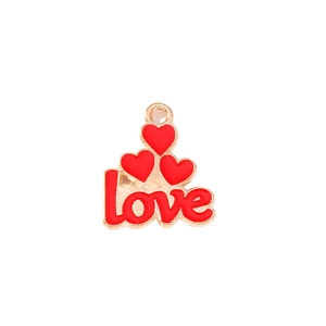 Gold plated alloy triple red heart and love letter charms for DIY jewelry making