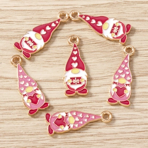 Set of six Christmas gnome alloy charms with red and pink enamel for DIY jewelry crafts