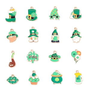 16pcs St. Patrick's Day green enamel charms set with shamrock and lucky hat designs