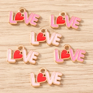 Golden LOVE letter charms with pink enamel and red heart for DIY jewelry making