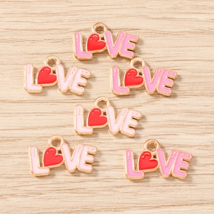 Pink LOVE letter charms with red heart for DIY jewelry making in gold alloy