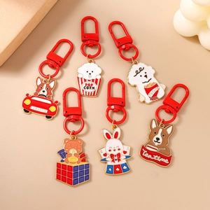Set di portachiavi smaltati con simpatici animali cartoon e ganci rossi vivaci