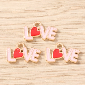 Pink enamel LOVE heart charms with gold finish for DIY jewelry making and necklaces