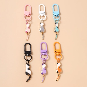 Cute Cartoon Cat Keychain Enamel Zinc Alloy Animal Bag Pendant With Movable Tail Key Ring For Women Kids Gift Jewelry