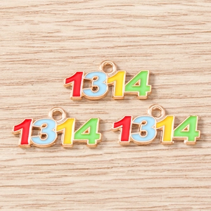 Macro view of 1314 number pendants with colorful enamel coating and golden finish