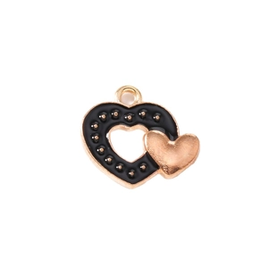 Pendentif double cœur noir et doré avec texture pointillée et anneau de suspension en alliage