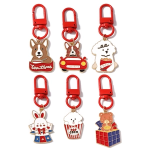 Set di 6 portachiavi con animali cartoon inclusi Corgi, Coniglio e Orso con moschettoni rossi