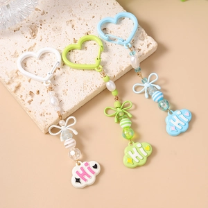 Porte-clés cœur perlé avec nœud et pendentif nuage HI pour décoration de sacs