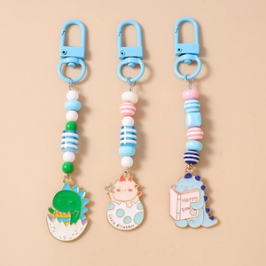 Cute Cartoon Dinosaur Beaded Keychain Enamel Zinc Alloy Animal Keyring Sweet Bag Pendant For Kids Women Gift