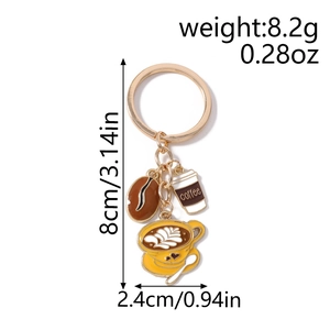 Detail showing dimensions of coffee cup and bean charms keychain with gold keyring