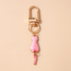 Close-up of pink striped cat keychain with a movable tail and golden metal lobster clasp