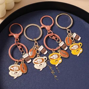 Chic coffee bean and latte cup charms keychain set in assorted brown and yellow tones