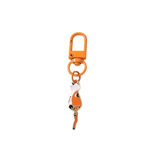 Cute calico cat keychain with orange lobster clasp and a swinging tail charm