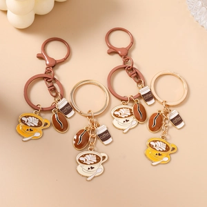 Charming coffee-themed enamel keychain set with latte art, coffee bean and cup charms