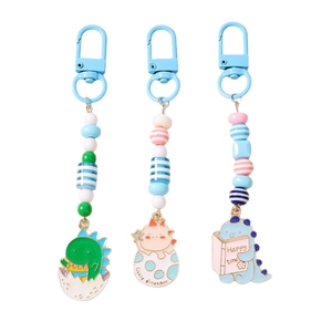 Three cute cartoon dinosaur beaded keychains in pastel colors for bags and keys