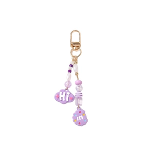 Fashionable purple beaded keychain with cloud pendant, m-letter charm and gold clasp